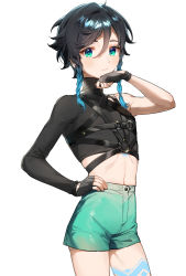 Rule 34 | 1boy, absurdres, androgynous, asymmetrical sleeves, black hair, blue hair, blush, braid, closed mouth, commentary, crop top, fingerless gloves, genshin impact, gloves, gradient hair, green eyes, green shorts, high-waist shorts, highres, kkopoli, leg tattoo, looking at viewer, male focus, multicolored hair, navel, short hair with long locks, shorts, side braids, sidelocks, simple background, solo, strap, symbol-only commentary, tattoo, twin braids, venti (genshin impact), white background