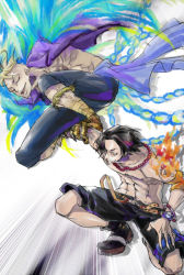 Rule 34 | 2boys, black hair, black shorts, blonde hair, blue fire, boots, bracelet, fire, freckles, full body, jewelry, jolly roger, male focus, marco (one piece), multiple boys, muscular, necklace, one piece, open clothes, open shirt, pirate, portgas d. ace, shirt, shorts, talons, tattoo, transformation