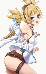 Rule 34 | 1girl, ahoge, athenawyrm, bare shoulders, belt, blonde hair, blue eyes, blush, breasts, commentary, cowboy shot, english commentary, fang, goggles, goggles on head, granblue fantasy, grey background, highres, jacket, leotard, open clothes, open jacket, open mouth, pengie, short hair, smile, solo, thigh strap, twintails, white background, white jacket