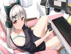 Rule 34 | 1girl, animal ear headphones, animal ears, bare legs, bare shoulders, barefoot, black shirt, blue nails, can, cat ear headphones, cat ears, chair, commentary request, controller, curtains, energy drink, fake animal ears, from side, game controller, grey hair, hair ornament, hairclip, headphones, highres, holding, indoors, keiran (ryo170), keyboard (computer), long hair, looking at viewer, looking to the side, monitor, monster energy, multicolored hair, nail polish, off-shoulder shirt, off shoulder, office chair, on chair, original, parted lips, pink hair, red eyes, shirt, short sleeves, slippers, unworn slippers, solo, swivel chair, table, thighs, toenails, two-tone hair, very long hair, white footwear, wooden floor, x hair ornament