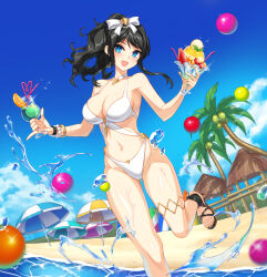 Rule 34 | 1girl, armpits, bare shoulders, beach, bead bracelet, beads, bikini, black hair, blue eyes, bow, bracelet, breasts, choker, cleavage, closers, cup, day, drinking glass, feet, food, foot out of frame, gluteal fold, hair bow, halterneck, highleg, highleg bikini, highres, holding, hurricane glass, ice cream, jewelry, large breasts, legs, long hair, looking at viewer, multi-strapped bikini, navel, official art, open mouth, outdoors, ponytail, sandals, skindentation, smile, solo, stomach, string bikini, swimsuit, thighlet, thighs, toes, tropical drink, water, wavy hair, wet, white bikini, white choker, yuri seo