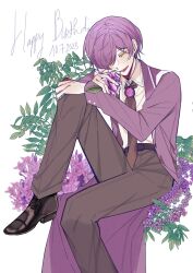 Rule 34 | 1boy, black footwear, black pants, brown necktie, closed eyes, coat, collared shirt, dated, dress shirt, flower, happy birthday, highres, holding, holding flower, hyacinth, leg up, library of ruina, long sleeves, male focus, necktie, open mouth, pants, project moon, purple coat, purple flower, purple hair, purple rose, rose, sakiaoba, shirt, shoes, sitting, smile, solo, white shirt, yesod (project moon)