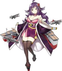 Rule 34 | 1girl, ahoge, aircraft, azur lane, black thighhighs, breasts, brown eyes, cleavage, flight deck, flower, full body, hair flower, hair ornament, houshou (azur lane), japanese clothes, kimono, large breasts, long hair, looking at viewer, machinery, off shoulder, okobo, purple hair, sandals, sky-freedom, solo, thighhighs, transparent background, zettai ryouiki