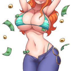 Rule 34 | 1girl, absurdres, armpits, arms up, bikini, bikini top only, breasts, cleavage, collarbone, curvy, denim, female focus, green bikini, highres, huge breasts, jeans, large breasts, long hair, money, nami (one piece), narrow waist, navel, one piece, orange hair, pants, simmsy, smile, solo, stomach, swimsuit, thighs, tongue, tongue out, underboob, white background