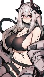 Rule 34 | 1girl, arknights, black bra, blush, bra, breasts, breath, cleavage, coat, commentary, demon horns, distr, english commentary, feet out of frame, hair between eyes, hair intakes, heavy breathing, highres, horns, hot, infection monitor (arknights), large breasts, long hair, looking at viewer, material growth, mudrock (arknights), mudrock (elite ii) (arknights), navel, no panties, open clothes, open coat, oripathy lesion (arknights), parted lips, partially undressed, pointy ears, red eyes, sideboob, signature, silver hair, simple background, sitting, solo, sports bra, steam, steaming body, stomach, sweat, underwear, white background