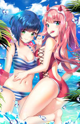 Rule 34 | 10s, 2girls, aqua eyes, arm behind back, ass, back, back cutout, bikini, blue bikini, blue hair, blush, breasts, candy, caustics, cleavage, clothing cutout, cloud, cowboy shot, cross-laced clothes, cross-laced one-piece swimsuit, darling in the franxx, day, eyes visible through hair, food, from side, green eyes, hair ornament, hairband, hairclip, hand on another&#039;s stomach, highres, holding, holding swim ring, horns, ichigo (darling in the franxx), innertube, lollipop, long hair, looking at viewer, medium breasts, multiple girls, navel, ocean, one-piece swimsuit, outdoors, palm tree, parted bangs, patreon username, pink hair, red horns, red one-piece swimsuit, short hair, sky, splashing, squchan, standing, standing on one leg, striped bikini, striped clothes, swim ring, swimsuit, tankini, thighs, tree, wading, water drop, watermark, web address, white hairband, zero two (darling in the franxx)