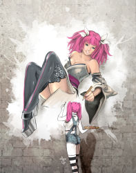 Rule 34 | 1girl, art brush, bare shoulders, blue eyes, boots, breasts, cleavage, detached sleeves, high heels, highres, long hair, m.g. nemesi, oekaki musume, original, paintbrush, palette (object), pencil, pink hair, platform footwear, self-portrait, shoes, signature, striped clothes, striped thighhighs, tank top, thigh boots, thighhighs, twintails, wall