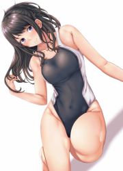 Rule 34 | 1girl, absurdres, aga marino, bare arms, blush, breasts, brown hair, competition swimsuit, covered navel, dutch angle, hand in own hair, highres, holding, holding own hair, idolmaster, idolmaster shiny colors, kazano hiori, large breasts, long hair, looking at viewer, mole, mole under mouth, one-piece swimsuit, purple eyes, sidelocks, simple background, smile, solo, swimsuit, thighs, two-tone swimsuit, white background
