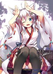 Rule 34 | 1girl, animal ears, black thighhighs, blue eyes, blush, breasts, detached sleeves, fox ears, fox tail, hakama, hakama skirt, hands up, highres, japanese clothes, looking at viewer, medium breasts, miko, nontraditional miko, one eye closed, outdoors, panties, shiro (tenkiame), shrine, silver hair, skirt, tail, tenkiame, thighhighs, underwear, upskirt, wide sleeves