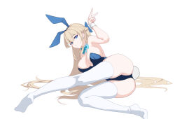 1girl absurdres animal_ears aqua_bow aqua_bowtie ass backless_leotard bingmang blonde_hair blue_archive blue_bow blue_eyes blue_leotard bow bowtie braid breasts cleavage crotch detached_collar earrings expressionless fake_animal_ears full_body half_up_braid highres jewelry large_breasts leotard long_hair looking_at_viewer lying official_alternate_costume on_side parted_lips playboy_bunny rabbit_ears rabbit_tail sidelocks simple_background solo strapless strapless_leotard tail thighhighs toki_(blue_archive) toki_(bunny)_(blue_archive) undersized_breast_cup v very_long_hair white_background white_thighhighs white_wrist_cuffs wrist_cuffs