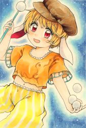 Rule 34 | 1girl, animal ears, brown hat, cabbie hat, commentary request, dango, flat cap, floppy ears, food, hat, highres, maa (forsythia1729), midriff, navel, open mouth, orange shirt, rabbit ears, red eyes, ringo (touhou), shirt, short sleeves, shorts, striped clothes, striped shorts, touhou, traditional media, wagashi, yellow shorts