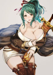 Rule 34 | 10s, 1girl, bare shoulders, blush, breasts, brown eyes, cape, cleavage, collarbone, dress, granblue fantasy, green hair, hair ribbon, herja, large breasts, long hair, looking at viewer, open mouth, ponytail, ribbed sweater, ribbon, ririko (zhuoyandesailaer), sheath, sheathed, simple background, smile, solo, sweater, sweater dress, sword, weapon, white background