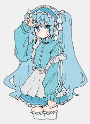 Rule 34 | 1girl, :&lt;, apron, blue eyes, blue hair, blue jacket, blue nails, commentary, cowboy shot, facing viewer, frilled apron, frills, hand in own hair, hatsune miku, highres, jacket, jersey maid, long hair, long sleeves, looking at viewer, maid, maid apron, maid headdress, miniskirt, ra sii yo, simple background, skirt, solo, sweatdrop, thighhighs, track jacket, turtleneck, turtleneck jacket, twintails, unconventional maid, vocaloid, white apron, white background