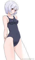 Rule 34 | 1girl, arm grab, holding another&#039;s arm, ayanami rei, bad id, bad pixiv id, blue hair, breasts, cowboy shot, covered erect nipples, kari (kakko k), neon genesis evangelion, one-piece swimsuit, red eyes, small breasts, solo, swimsuit