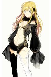 Rule 34 | 1girl, black dress, blonde hair, blue eyes, breasts, choker, dress, long hair, looking at viewer, lpip, navel, original, simple background, small breasts, solo, white background
