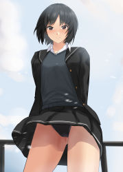 Rule 34 | 1girl, absurdres, amagami, arms behind back, black hair, black one-piece swimsuit, bob cut, breasts, cowboy shot, highres, jacket, kibito high school uniform, long sleeves, looking at viewer, medium breasts, nanasaki ai, one-piece swimsuit, school uniform, short hair, skirt, smile, solo, standing, swimsuit, swimsuit under clothes, yoo tenchi