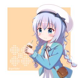 Rule 34 | 1girl, bag, beret, black bow, black ribbon, blue eyes, blue hair, blue jacket, blush, bow, braid, brown background, closed mouth, collared dress, commentary request, cup, disposable cup, dress, drinking straw, gochuumon wa usagi desu ka?, goth risuto, hair between eyes, hat, hat bow, holding, holding cup, jacket, kafuu chino, long hair, low twintails, neck ribbon, open clothes, open jacket, revision, ribbon, shoulder bag, smile, solo, twin braids, twintails, twitter username, two-tone background, very long hair, white background, white dress, white hat