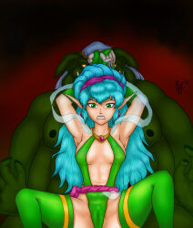 Rule 34 | 1girl, breasts, camisole, cisty, cleavage, elf, leotard, lightbringer, medium breasts, midriff, orc, plunging neckline, pointy ears, spread legs, taito