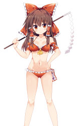 Rule 34 | 1girl, bare legs, bikini, blush, bow, breasts, brown hair, cleavage, closed mouth, gohei, hair bow, hair tubes, hakurei reimu, hand on own hip, highres, long hair, looking at viewer, maturiuta sorato, medium breasts, navel, orange eyes, red bikini, red bow, shide, sidelocks, simple background, solo, standing, stomach, swimsuit, touhou, white background