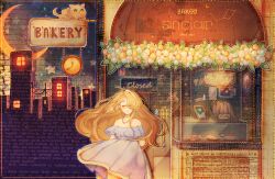 Rule 34 | 1girl, ahoge, arms behind back, bakery, blonde hair, blush, breasts, cake, cat, cityscape, cleavage, clock, closed eyes, closed mouth, closed sign, clothes lift, commentary, commission, constellation print, crescent moon, drawing (object), dress, dress lift, english commentary, flower, flower bed, food, frilled dress, frills, gold necklace, hoshi-pan, jewelry, leaf, long hair, medium breasts, moon, necklace, night, night sky, off-shoulder dress, off shoulder, original, outdoors, plate, power lines, purple dress, shop, short dress, sky, smile, star (symbol), white flower, window, yellow trim