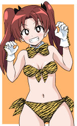 Rule 34 | 1girl, animal print, bikini, black bow, border, bow, bowtie, breasts, bright pupils, claw pose, collar, commentary, cowboy shot, detached collar, front-tie bikini top, front-tie top, girls und panzer, gloves, grin, hair bow, highres, kadotani anzu, light blush, long hair, looking at viewer, navel, orange background, orange bikini, orange bow, orange bowtie, outside border, parted bangs, ponzu rui, print bikini, print bow, print bowtie, red eyes, red hair, side-tie bikini bottom, small breasts, smile, solo, standing, strapless, strapless bikini, swimsuit, tiger print, twintails, white border, white collar, white gloves, white pupils