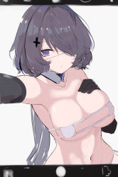 Rule 34 | 1girl, absurdres, arknights, arm up, armpits, asususususu, bare shoulders, black gloves, bra, breasts, closed mouth, commentary request, elbow gloves, eyepatch, gloves, hair ornament, hair over one eye, hand on own chest, highres, long sleeves, medical eyepatch, medium breasts, fake phone screenshot, purple eyes, purple hair, selfie, short hair, simple background, solo, underwear, upper body, whisperain (arknights), white background, white bra, x hair ornament