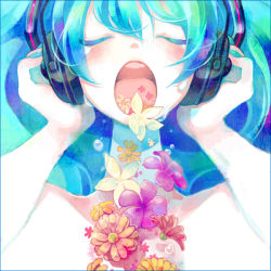 Rule 34 | 1girl, aqua hair, closed eyes, coughing flowers, flower, hatsune miku, headphones, open mouth, portrait, solo, tears, twintails, utacoco, vocaloid