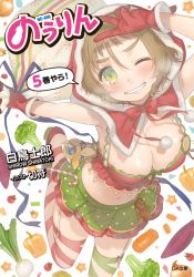 Rule 34 | 10s, 1girl, badge, breasts, broccoli, candy, candy cane, cleavage, cover, cover page, food, garter straps, gift, gingerbread man, gloves, green eyes, grin, highres, holding, hood, kippu, large breasts, looking at viewer, nakazawa minori, navel, no-rin, official art, one eye closed, sack, smile, solo, v