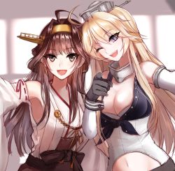 Rule 34 | 10s, 2girls, :d, ;d, armpits, bad id, bad pixiv id, bare shoulders, black gloves, blonde hair, blue eyes, breasts, brown eyes, brown hair, cleavage, detached sleeves, gloves, headgear, iowa (kancolle), kantai collection, kongou (kancolle), large breasts, long hair, looking at viewer, meaomao, midriff, multiple girls, navel, nontraditional miko, one eye closed, open mouth, reaching, reaching towards viewer, selfie, smile, star-shaped pupils, star (symbol), symbol-shaped pupils, teeth