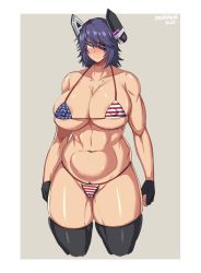 Rule 34 | 1girl, alternate costume, american flag bikini, american flag print, bikini, black gloves, black thighhighs, breasts, cameltoe, cleft of venus, collarbone, covered erect nipples, duo kawa, eyepatch, female pubic hair, fingerless gloves, flag print, gloves, headgear, huge breasts, kantai collection, navel, print bikini, pubic hair, pubic hair peek, purple hair, short hair, solo, swimsuit, tenryuu (kancolle), thighhighs, yellow eyes