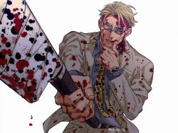 Rule 34 | 1boy, animal print, belt, blood, blood on clothes, blood on face, blood splatter, bloody weapon, brown belt, brown eyes, collared shirt, cowboy shot, formal, goggles, grey jacket, grey pants, grey suit, hand on own chin, holding, holding knife, holding weapon, jacket, jujutsu kaisen, kijinkutsu, knife, leopard print, long sleeves, looking at viewer, male focus, nanami kento, necktie, pants, shirt, solo, suit, teeth, upper teeth only, watch, weapon, white background, wristwatch