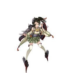 Rule 34 | 1girl, artist request, choukai (warship girls r), closed mouth, detached sleeves, full body, green eyes, green hair, green skirt, hand up, hull shoes, loafers, long hair, looking at viewer, obi, official art, orange rope, pleated skirt, pom pom (clothes), propeller, rigging, rope, sailor collar, sash, shoes, side ponytail, skirt, smile, solo, tassel, thighhighs, transparent background, turret, warship girls r, white thighhighs, wide sleeves, zettai ryouiki