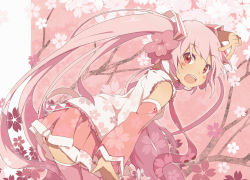 Rule 34 | 1girl, bent over, blush stickers, cherry blossoms, detached sleeves, flower, hair flower, hair ornament, hatsune miku, long sleeves, looking at viewer, looking back, necktie, ogipote, open mouth, pink eyes, pink hair, pink thighhighs, pleated skirt, sakura miku, shirt, skirt, smile, solo, thighhighs, twintails, v, vocaloid, wide sleeves, zettai ryouiki