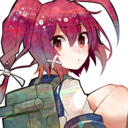 1girl back backpack bag blouse hair_ornament hair_ribbon i-168_(kancolle) itomugi-kun kantai_collection long_hair looking_back open_mouth ponytail red_eyes red_hair ribbon school_swimsuit school_uniform serafuku shirt solo swimsuit swimsuit_under_clothes