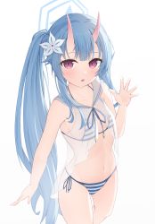 Rule 34 | blue archive, blue eyes, breasts, chise (blue archive), chise (swimsuit) (blue archive), collarbone, commentary request, hair ornament, halo, highres, horns, long hair, nonddu, oni horns, open mouth, red eyes, see-through, side ponytail, simple background, small breasts, swimsuit, white background