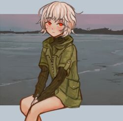 Rule 34 | 1girl, androgynous, beach, between legs, closed mouth, dusk, expressionless, hand between legs, hood, hood down, invisible chair, io (onisarashi), layered sleeves, long sleeves, looking at viewer, ocean, original, outdoors, outside border, own hands together, pocket, red eyes, scenery, shore, short hair, short over long sleeves, short sleeves, sitting, solo, turtleneck, water, white hair, zipper pull tab