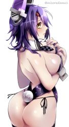 Rule 34 | 1girl, alternate costume, ass, back, bare shoulders, blush, breasts, checkered clothes, checkered neckwear, cleavage, closed mouth, commentary request, detached collar, from above, headgear, kantai collection, large breasts, leotard, mizoredama1, necktie, purple hair, purple leotard, rabbit tail, short hair, sideboob, tail, tenryuu (kancolle), thighhighs, thighs, yellow eyes