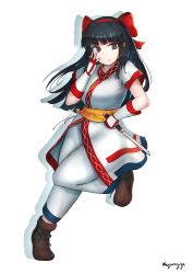 Rule 34 | 1girl, absurdres, ainu clothes, artist name, black hair, boots, breasts, fingerless gloves, gloves, grey eyes, hair ribbon, highres, large breasts, leg up, long hair, looking at viewer, nakoruru, pants, ribbon, samurai spirits, snk, solo, the king of fighters, weapon