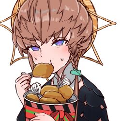 Rule 34 | 1girl, absurdres, black sleeves, blue eyes, blush, braid, brown hair, bucket of chicken, chicken (food), chicken leg, crown braid, fate/grand order, fate (series), food, food in mouth, hat, highres, holding, holding food, looking at viewer, orange hat, puffy sleeves, shimogamo (shimomo 12), side braid, simple background, solo, striped clothes, striped headwear, sweatdrop, upper body, van gogh (fate), white background