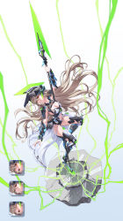 Rule 34 | 1girl, absurdres, armor, armored boots, armored leotard, black footwear, black legwear, black leotard, blush, boots, breasts, cleavage, closed eyes, clothing cutout, commentary request, crop top, electricity, expression chart, fantasy, fishnet top, floating hair, full body, gauntlets, green eyes, grey hair, head tilt, helmet, high heel boots, high heels, highres, holding, holding weapon, inset, laughing, leotard, long hair, looking at viewer, manda (luts7602), medium breasts, multicolored clothes, multicolored footwear, multicolored legwear, multicolored leotard, multiple views, navel, navel cutout, original, pauldrons, polearm, red eyes, shoulder armor, smile, strapless, strapless leotard, teeth, thigh boots, thighs, very long hair, weapon, white footwear, white legwear, white leotard