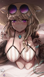 Rule 34 | 1girl, absurdres, animal ear fluff, animal ears, aqua nails, arknights, beach, bikini, blonde hair, blush, breasts, covered erect nipples, eyewear on head, fang, flask, highres, jewelry, large breasts, nail polish, official alternate costume, pendant, purple eyes, round-bottom flask, shimo (depthbomb), skin fang, slit pupils, solo, starfish, striped bikini, striped clothes, sunglasses, swimsuit, swimsuit cover-up, utage (arknights), utage (summer flowers) (arknights), vertical-striped bikini, vertical-striped clothes