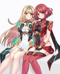 Rule 34 | 2girls, breasts, cleavage, highres, large breasts, long hair, multiple girls, mythra (xenoblade), pyra (xenoblade), red eyes, red hair, shinae, very long hair, xenoblade chronicles (series), xenoblade chronicles 2, yellow eyes