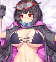 Rule 34 | 1girl, asamura hiori, bikini, black bikini, black gloves, black hair, black jacket, blue scarf, blush, breasts, breasts out, cleavage, closed mouth, fate/grand order, fate (series), gloves, goggles, goggles on head, heavy breathing, highres, jacket, large breasts, long hair, looking at viewer, low twintails, lying, navel, o-ring, on back, open clothes, open jacket, osakabehime (fate), osakabehime (swimsuit archer) (fate), osakabehime (swimsuit archer) (first ascension) (fate), red eyes, revision, scarf, ski goggles, smile, solo, swimsuit, twintails, very long hair