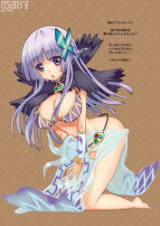 Rule 34 | 1girl, argyle, argyle clothes, argyle dress, bangle, barefoot, blunt bangs, blush, bracelet, breasts, brown background, butterfly hair ornament, cleavage, commentary request, detached sleeves, dress, full body, fur collar, hair ornament, jewelry, kawagoe pochi, large breasts, light purple hair, long hair, looking at viewer, open mouth, purple eyes, ragnarok online, see-through, see-through dress, solo, sorcerer (ragnarok online), translation request, white sleeves