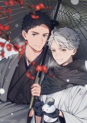 2boys artist_name black_hair closed_mouth grey_hair haikyuu!! highres holding holding_stuffed_toy holding_umbrella japanese_clothes kimono looking_at_viewer male_focus multiple_boys objectification oil-paper_umbrella parted_lips sawamura_daichi short_hair smile stuffed_toy sugawara_koushi suzukawa_makoto teeth twitter_username umbrella upper_body yukata