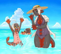 Rule 34 | 1boy, 2girls, age difference, axolotl, beach, blue sky, breasts, casual one-piece swimsuit, child, cleavage, colored skin, day, family, flat chest, grey skin, hat, hellbender, innertube, jon henry nam, large breasts, mature female, monster girl, mother and daughter, multiple girls, one-piece swimsuit, original, outdoors, plump, salamander, sky, straw hat, swim ring, swimsuit, tail, water, white hair, yellow eyes
