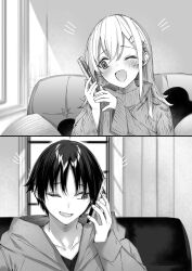 Rule 34 | 1boy, 1girl, blush, cellphone, collarbone, commentary request, couch, greyscale, hair between eyes, hair ornament, happy, highres, holding, holding phone, hood, hoodie, kakao (chocolate land), long hair, looking to the side, lower teeth only, monochrome, novel illustration, official art, on couch, one eye closed, oomichi rika, open mouth, phone, raised eyebrows, ryoushin no shakkin, second-party source, short hair, sideways glance, smartphone, sweater, talking on phone, teeth, window, x hair ornament, yoshizumi yuya
