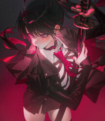 Rule 34 | 1girl, black gloves, black hair, black jacket, cerberus (legendary sword), closed mouth, collared shirt, cowboy shot, elbow gloves, gloves, gradient background, holding, holding sword, holding weapon, jacket, lapels, legendary sword, long hair, looking to the side, multicolored eyes, multicolored hair, nail polish, necktie, open clothes, open jacket, partially fingerless gloves, pink eyes, pink hair, pink nails, pink necktie, ponytail, purple eyes, ringed eyes, shirt, solo, streaked hair, sword, two-tone hair, very long hair, wanke, weapon, white shirt