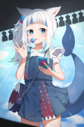 Rule 34 | 1girl, absurdres, animal ears, bag, blue eyes, blue hair, blunt bangs, candy, casual, cat ears, cellphone, fins, fish tail, food, gawr gura, gawr gura (casual), highres, hololive, hololive english, lollipop, medium hair, multicolored hair, official alternate costume, phone, shark girl, shark tail, short sleeves, shoulder bag, side ponytail, smartphone, solo, streaked hair, tail, takodachi (ninomae ina&#039;nis), three twosix, tongue, tongue out, virtual youtuber, white hair