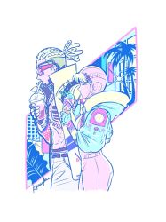Rule 34 | 1boy, 1girl, abs, animification, apex legends, bailian, bodysuit, chest tattoo, cornrows, crypto (apex legends), cup, drinking straw, drinking straw in mouth, from side, holding, holding cup, hood, hooded jacket, hype beast crypto, ice cream cone, jacket, kawaii voltage wattson, official alternate costume, palm tree, pants, pink bodysuit, pink headwear, pink jacket, smile, sparkle, tattoo, tree, wattson (apex legends), white pants